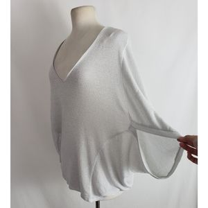 ZARA Womens White Silver Metallic Dolman Sleeve V-neck Top Sz XL